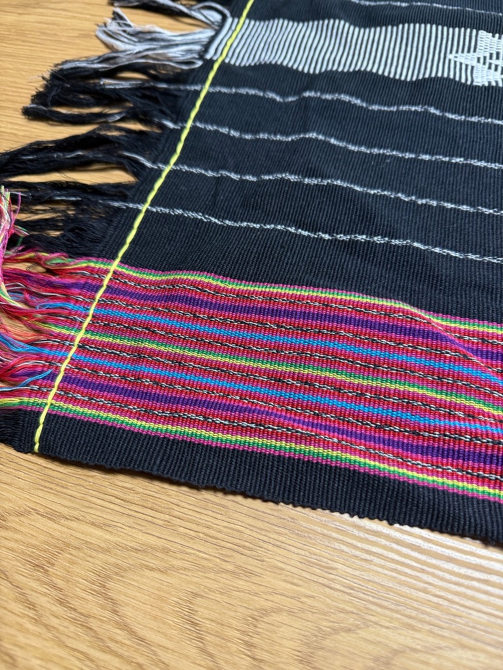 Timor-Leste traditional HandWoven Textiles Tais Black Fringe Runner with Stripes - Picture 4 of 4